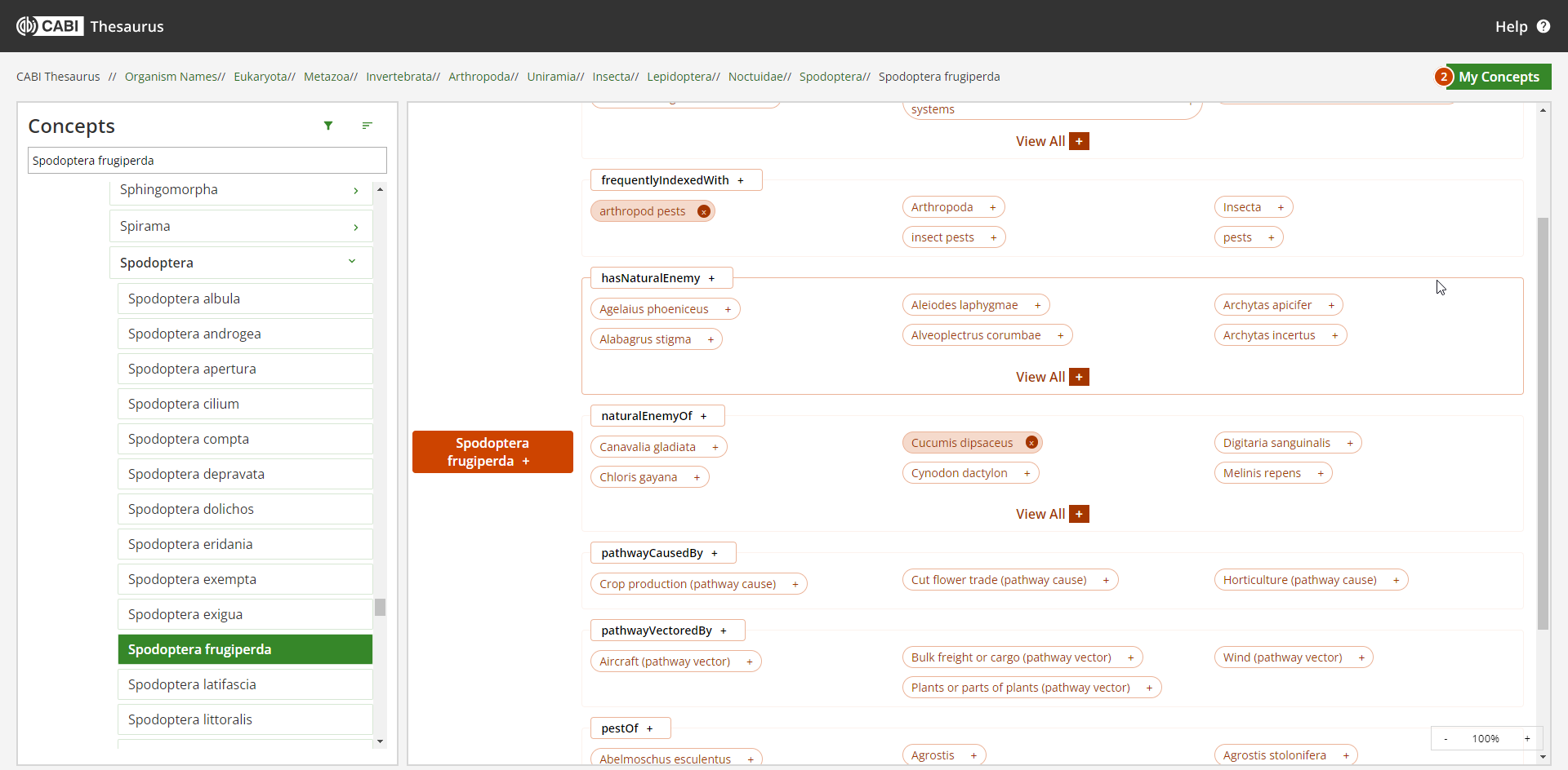 Screenshot of the CABI Thesaurus Tool